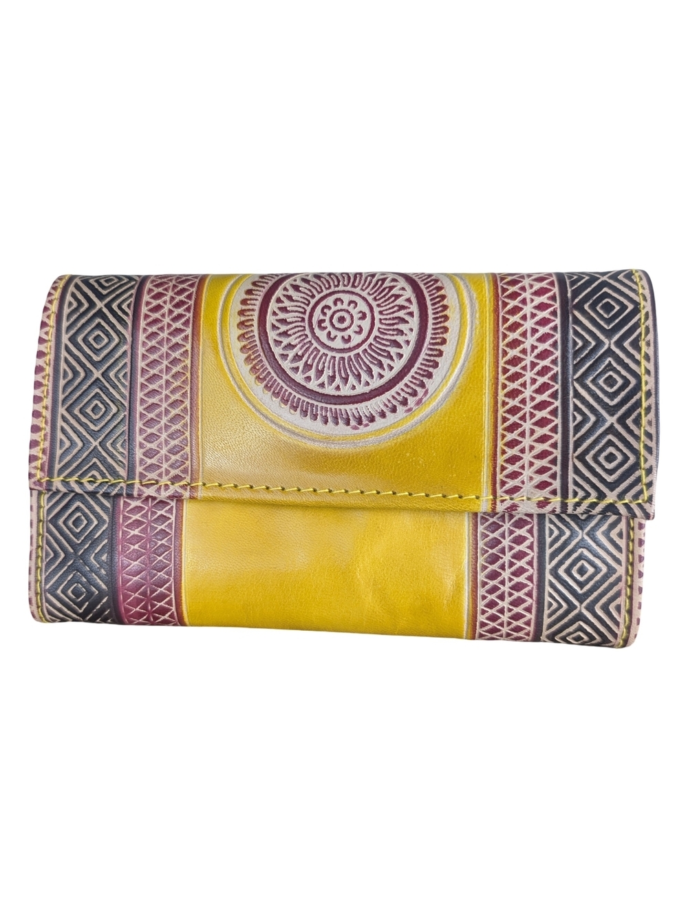 Tooled Leather Yellow Geometric Boho Wallet Clutch Boho Artisan